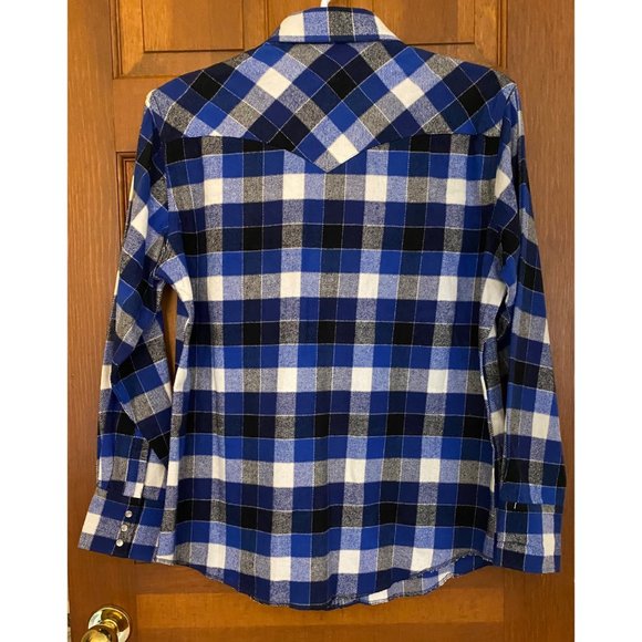 Wrangler Western Shirt Men Large Blue Plaid Flannel Pearl Snap Cowboy Pockets - Picture 6 of 16